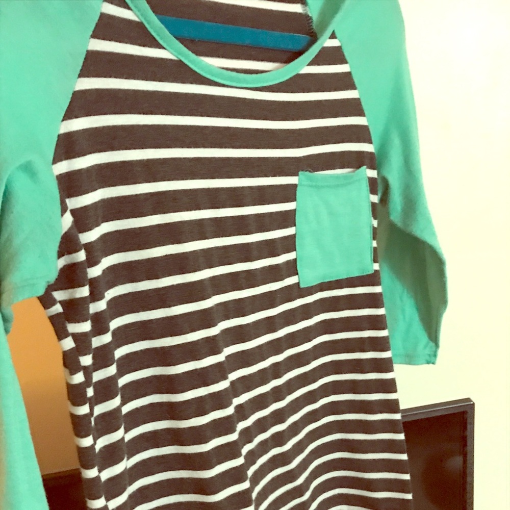 Turquoise and black/white striped baseball t shirt